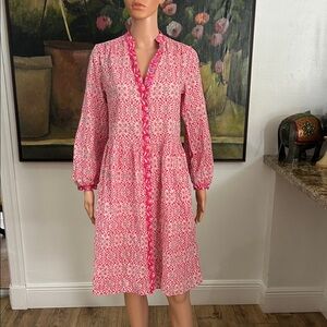 Zara pink and blue print V neck button down dress